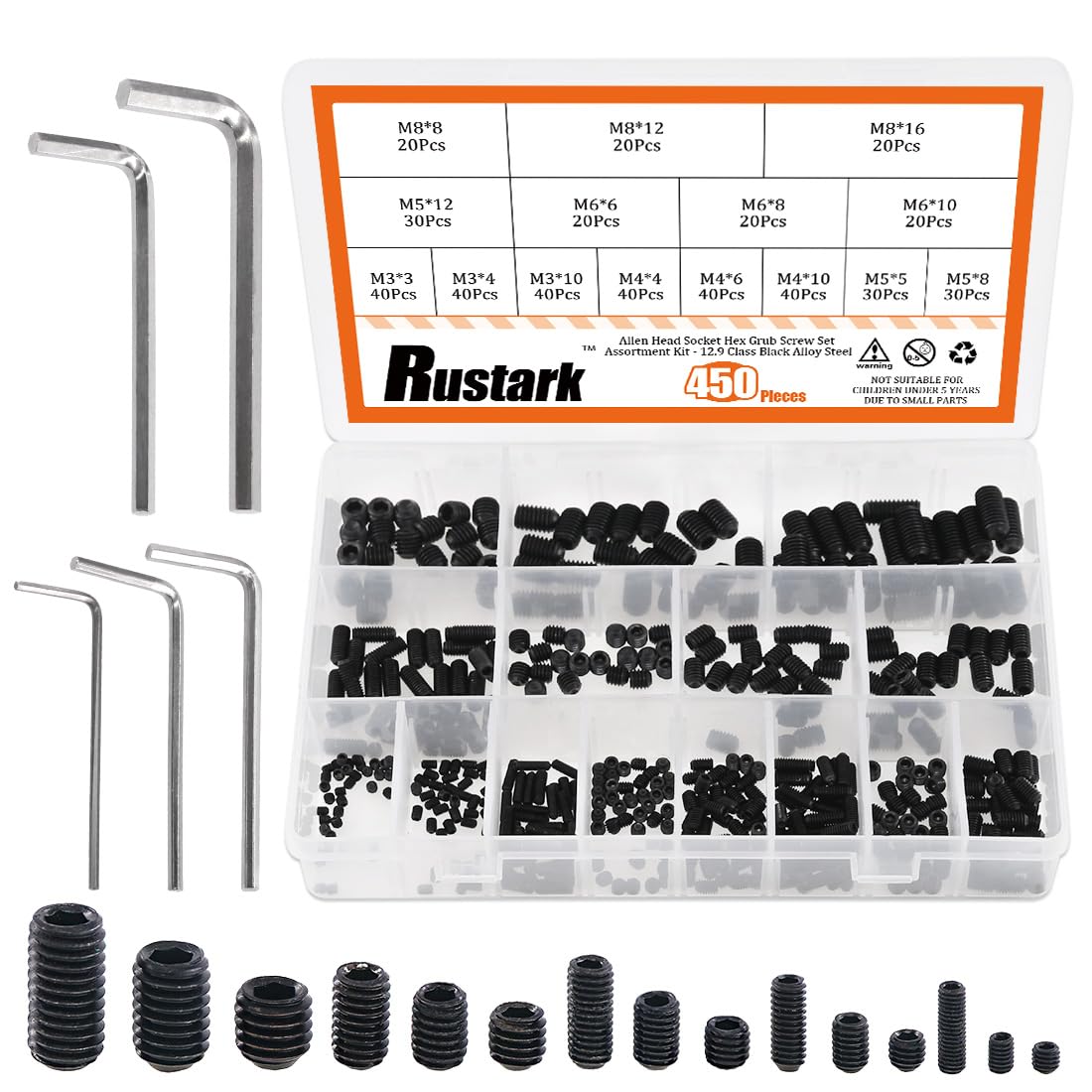 Rustark 450Pcs M3/M4/M5/M6/M8 Allen Head Socket Hex Grub Screw Set Assortment Kit with Internal Hex Drive - 12.9 Class Black Alloy Steel