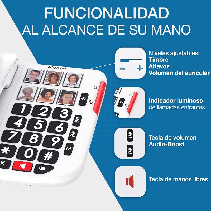 TMAX 10+ Telemóvel com fio para seniores - Teclas grandes - Amplificação de áudio - Teclas para fotografia - Mãos livres - Indicador de luz de chamada - Toque alto - Compatível com aparelhos auditivos — foto 4 de 6