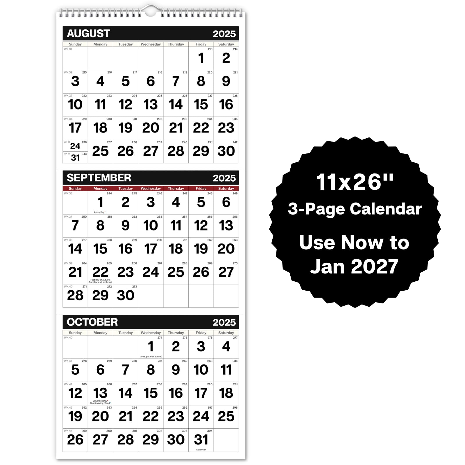 Photo 1 of Dunwell 3-Month Wall Calendar 2025-2026, Large Monthly Hanging Calendar with Big Bold Numbers, Easy to Read from a Distance, Use Now to Dec 2026, For Office or Home, 11x26 Open, Ships Folded