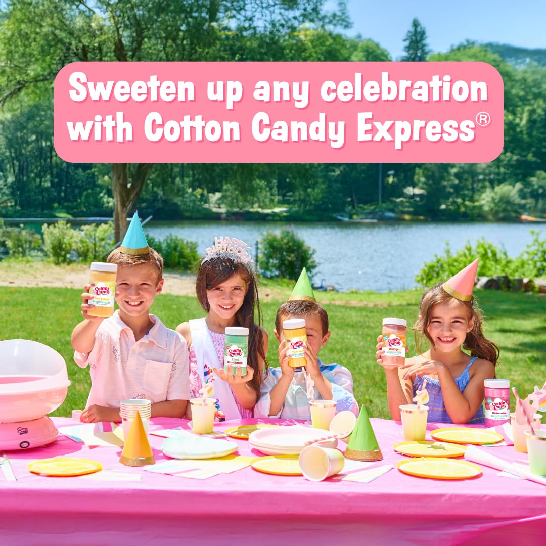 Cotton Candy Express Floss Sugar Variety Pack with 5 - 11oz Plastic Jars of Grape, Orange, Pink Vanilla, Blue Raspberry, Cherry Flossing Sugars Plus 50 Paper Cotton Candy Cones