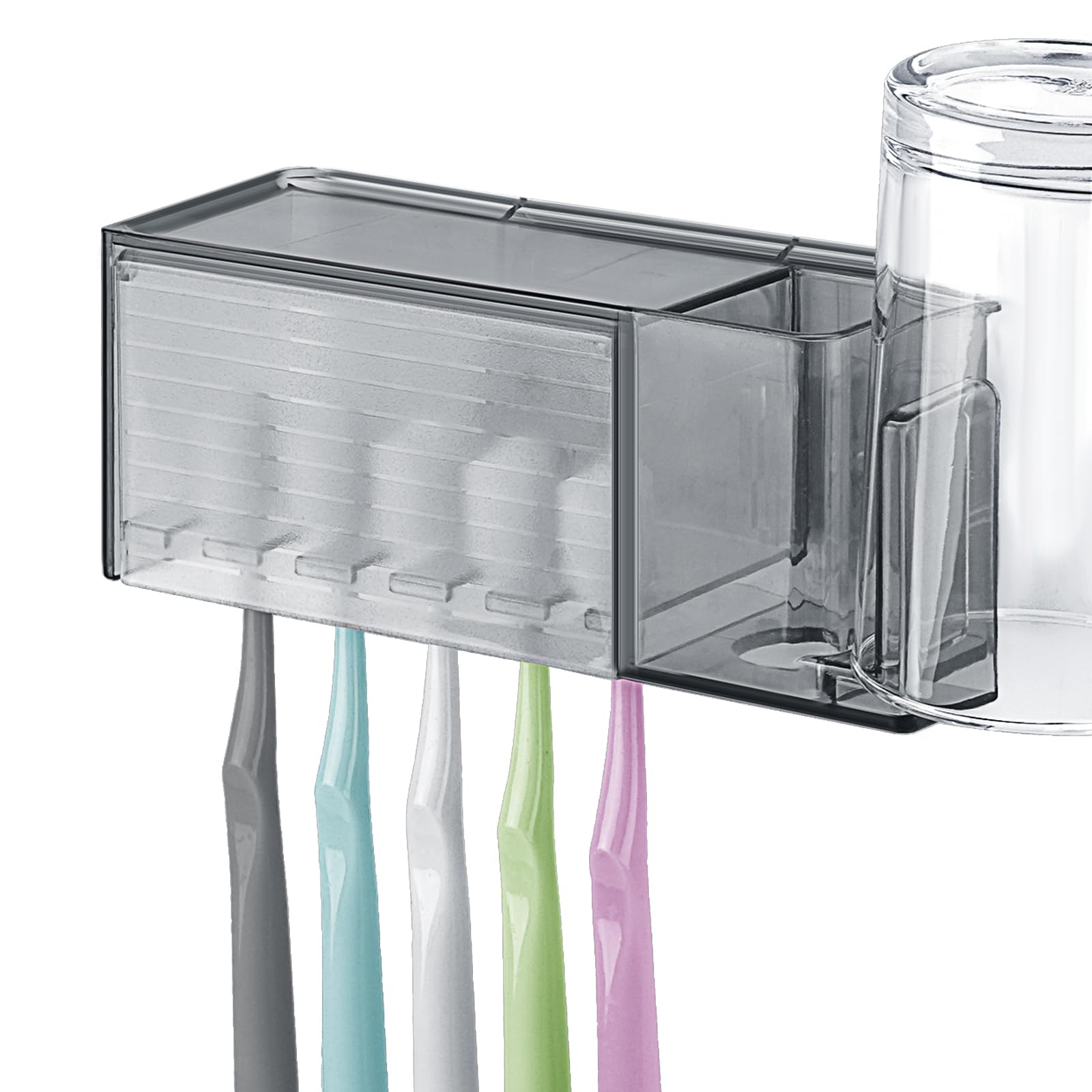 Photo 1 of 5 Slots Wall Mount Toothbrush Holder with Cover, Self Adhesive Toothbrush Storage Organizer for Shower, Toothpaste & Toothbrush Hanger for Bathroom, Medicine Cabinet, Dorm (Gray)