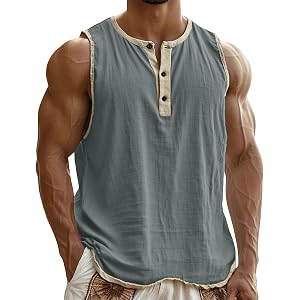 QUNPIU Cotton Linen Workout Tank Tops for Men Sleeveless Gym Muscle Henley Shirt Color Block Casual Basic Summer Beach Tanks