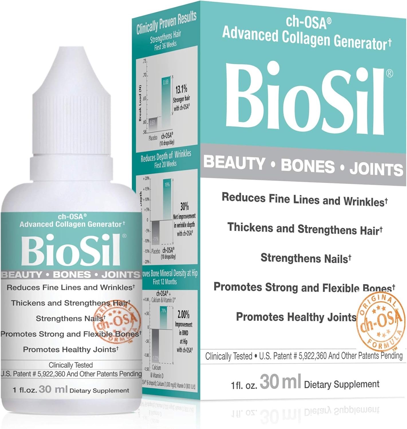 BioSil by Natural Factors, Beauty, Bones, Joints Liquid, Supports Healthy Hair, Skin and Nails, Vegan Collagen, Elastin and Keratin Generator, 1 fl oz (120 servings): Health & Personal Care