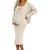 Sweetyweee Maternity Dress Set 2 Piece Ribbed Sleeveless Dress with Bell Sleeves Cardigan for Baby Shower Photoshoot Wedding