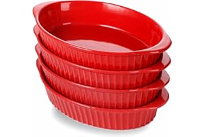 LEETOYI Porcelain Small Oval Au Gratin Pans,Set of 4 Baking Dish Set for 1 or 2 person servings, Bakeware with Double Handle for Kitchen and Home (Red)