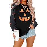 SFHFY Halloween Pumpkin Face Sweatshirts Women Skeleton Long Sleeve Shirts | Halloween Crewneck Sweatshirt Lightweight Pumpkin Skeleton Sweater Funny Spooky Ghost Graphic Pullover Fall Shirts Top