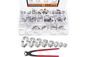 TRIVD FROL 150Pcs 304 Stainless Steel Single Ear Hose Clamp with Ear Clamp Pincer, 6-23.5mm Crimp Hose Clamp Assortment Kit Cinch Rings Crimp Pinch Tools Perfect for Automotive, Home Appliance Line and Plumbing