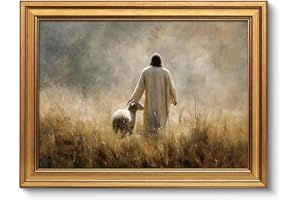 VIYYIEA Gold Framed Christian Vintage Canvas Wall Art, Jesus The Shepard Wall Decor, JRustic Oil Painting Christ Religious Ho