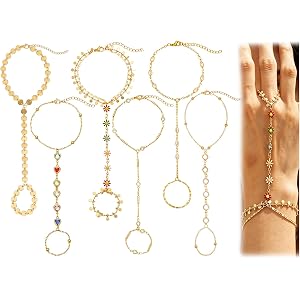 COLOYAN 6Pcs Gold Hand Chain Bracelets Finger Ring Bracelet for Women | 14K Gold Plated, Attractive Design Beaded/Heart/Flowe