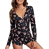 Michellecmm Women Butt Button Back Flap Pajamas Long Sleeve V Neck Shorts Jumpsuit One Piece Bodysuits Bodycon Romper Overall