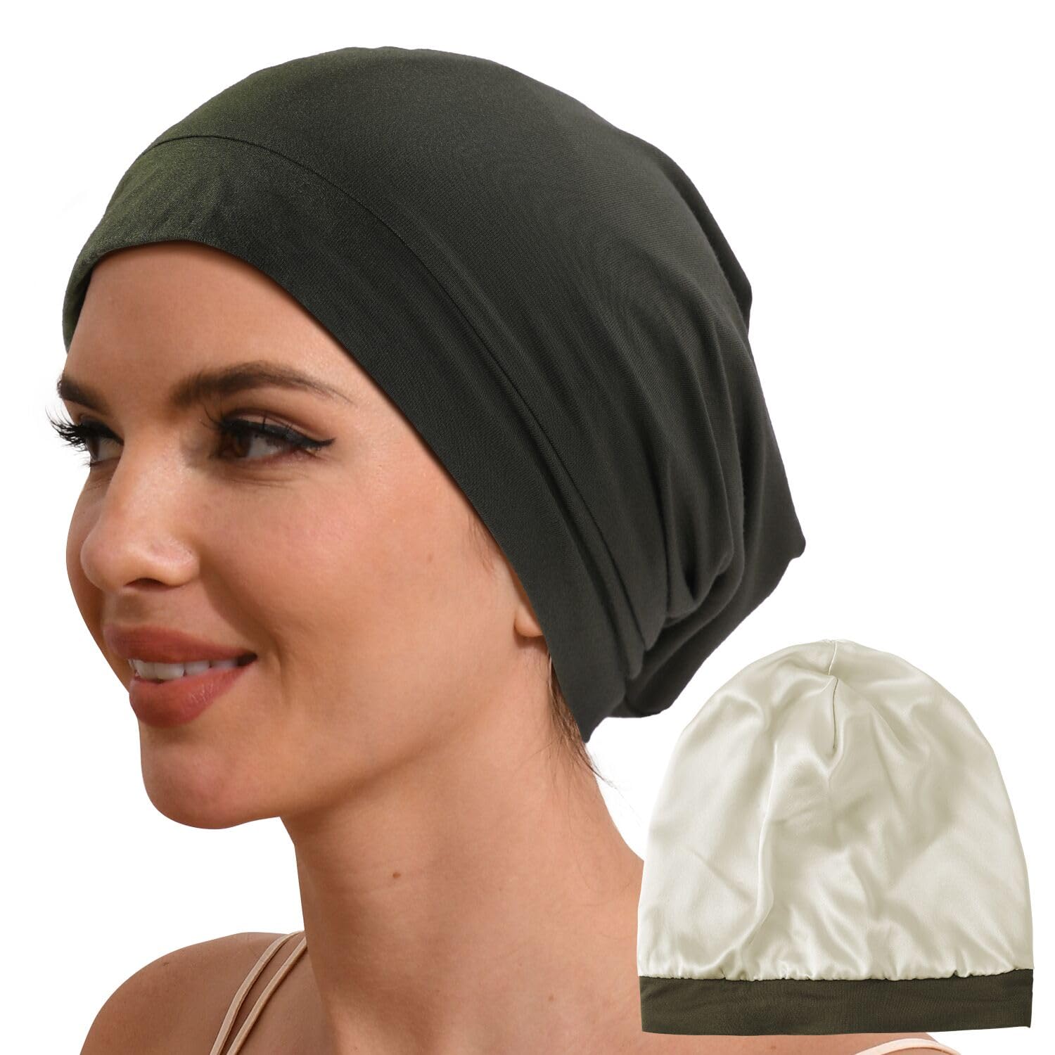 Hat Hut 100% Mulberry Silk Lined Sleep Cap Pure Silk Bonnet for Curly Hair Wrap Bonnet for Sleeping Slouchy Beanie (Green)