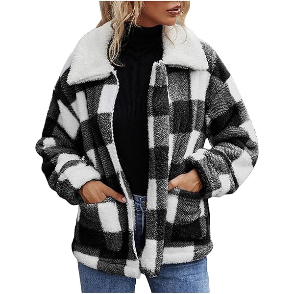 Amazon.com: Women's Lapel Plush Plaid Jacket with Pockets