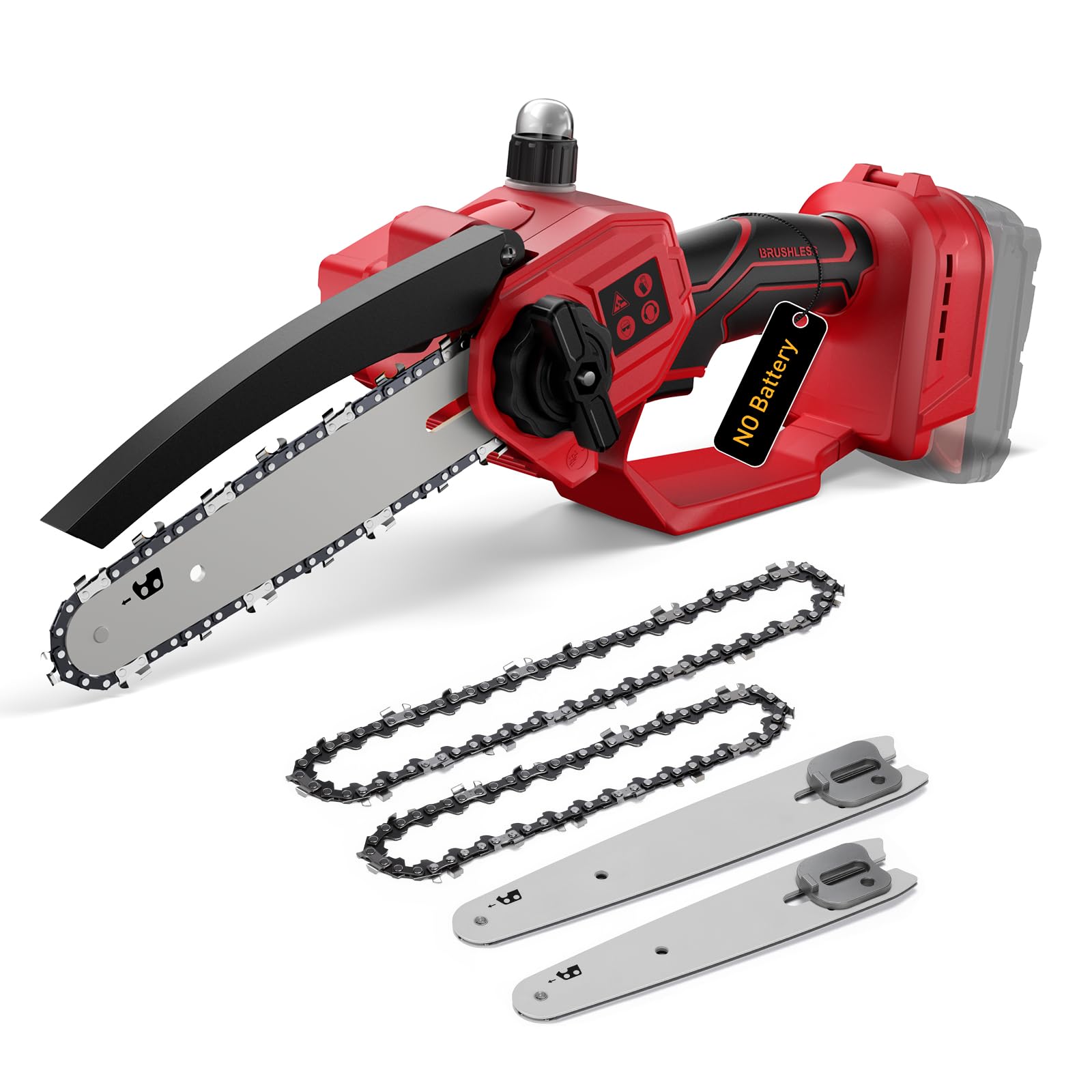 Photo 1 of ** FOR PARTS ONLY ** 
Mini Chainsaw for Milwaukee 18V Battery, Auto-Oiler, 8-Inch and 6-Inch 2-IN-1 Brushless Cordless Pruning Chainsaw, 750W Chain saw 4000RPM for Wood Cutting, Tree Trimming (NO Battery) (Red)