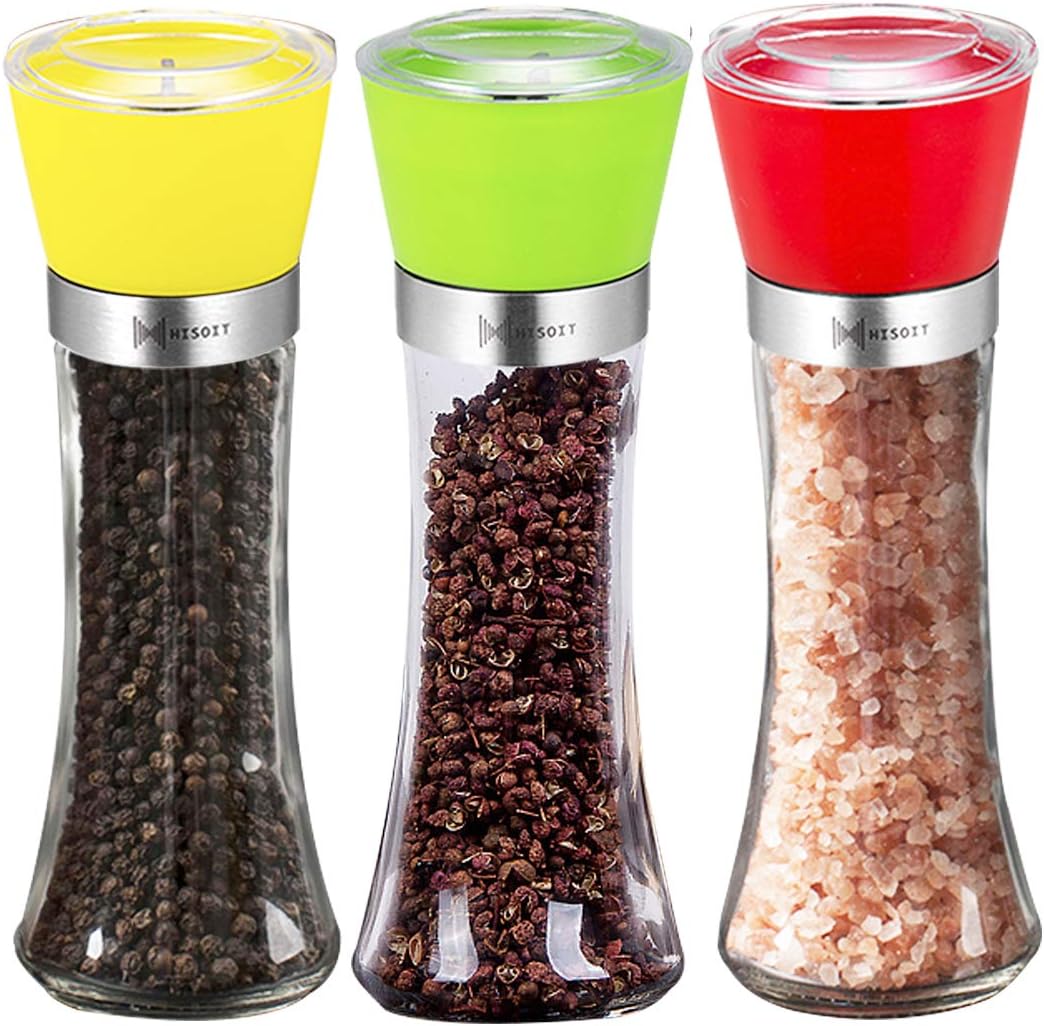 Pepper Grinder Salt Shaker Set with 5 Grade Adjustable Ceramic Rotor Set of 3 Salt Grinders and Pepper Mill Shaker Mills Set for Cooking and BBQ Spices 6 Oz