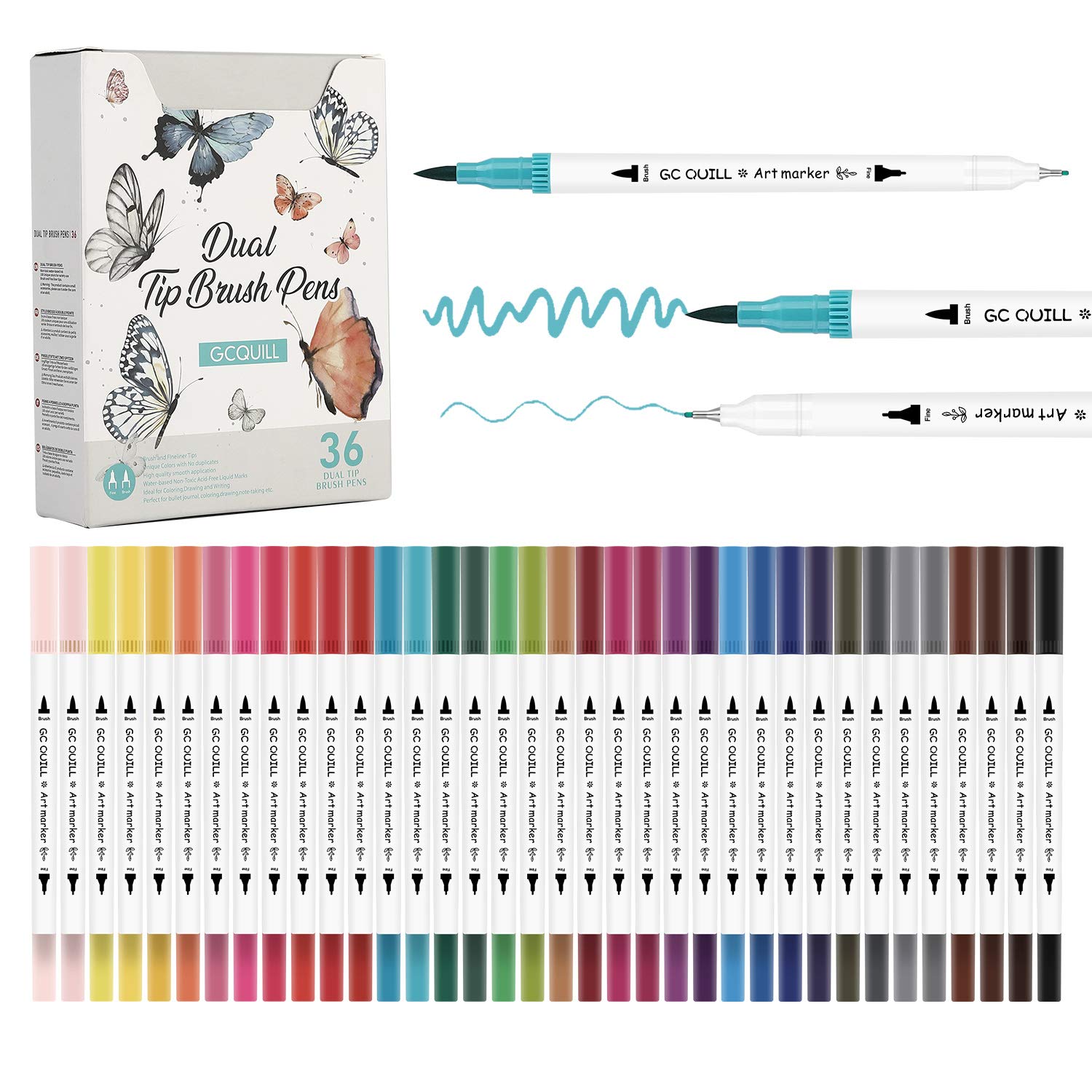 GC QUILL Colouring Pens- 36 Colours Felt Tip Pens - Watercolour Brush Pens for Art Colouring, Drawing, Bullet Journal GC-36W
