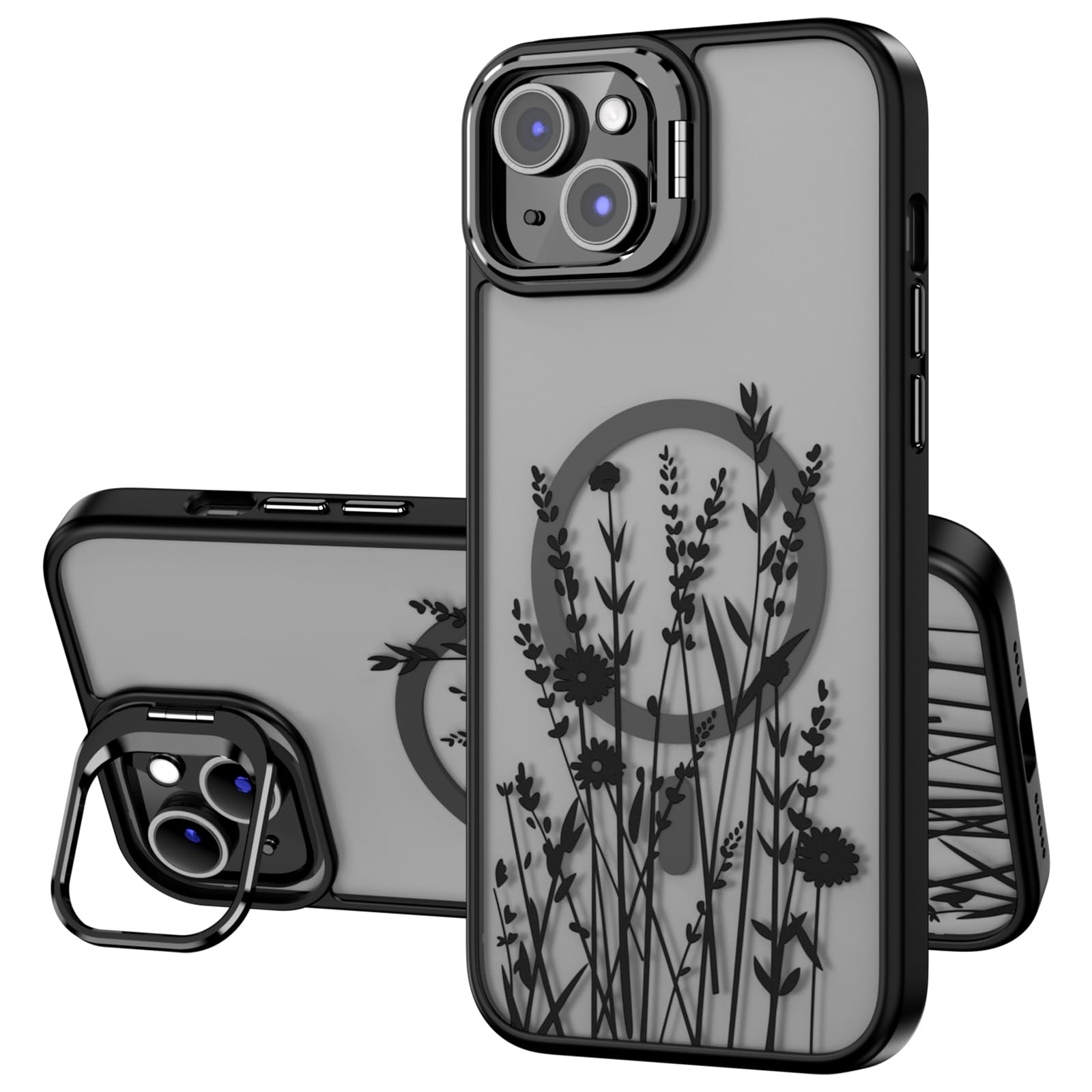 OAOA Magnetic Case Compatible with iPhone 15 with Kickstand, Compatible with Magsafe, Built in Camera Stash Stand, Anti-Fall Military Protection Case for Women Girls, Wild Flower