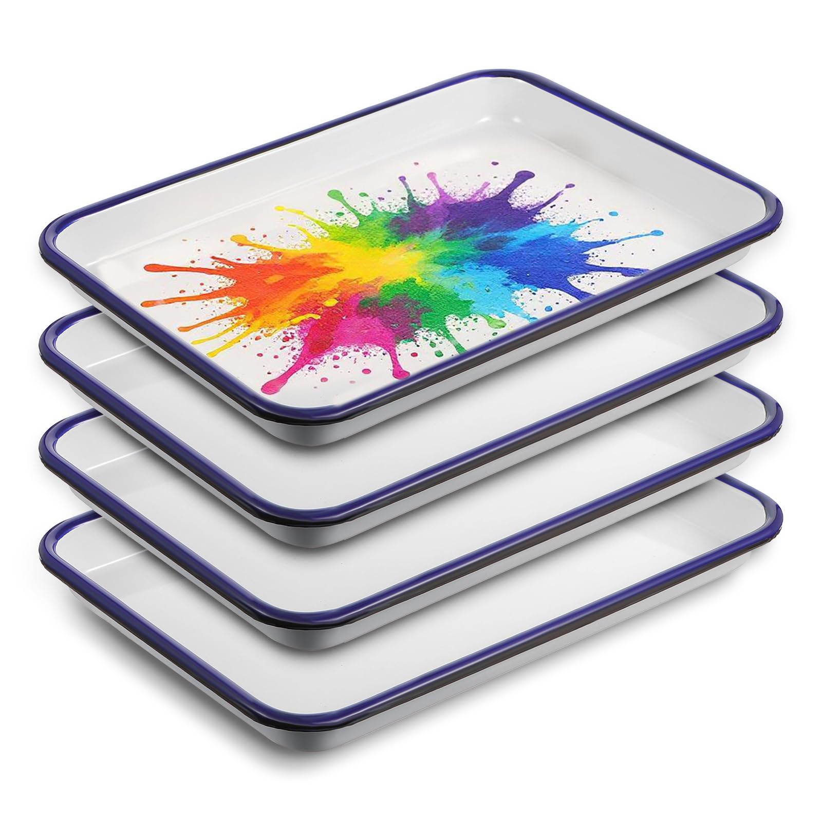 Photo 1 of 4-Pack White Enamel Butcher Trays, 7.1 x 10.2 Inch Rectangular Metal Serving Palettes for Painting, Food Storage, and Home Organization, Vintage Art Supply Holder