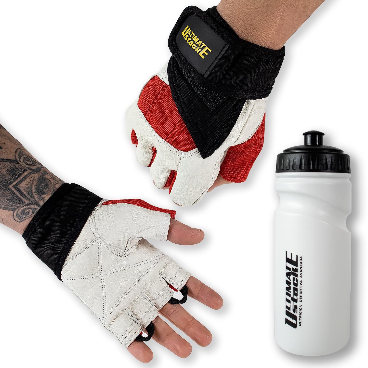 RLG RL GRIPS Gym Gloves in Leather for Men and Women + Gift Bottle - Leather Fitness Gloves for Gym Training, Weightlifting, and Crossfit (S + Botella)