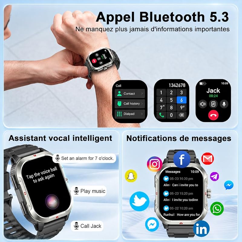 Montre Connectée Homme Militaire, Smartwatch GPS Intégré, Noir