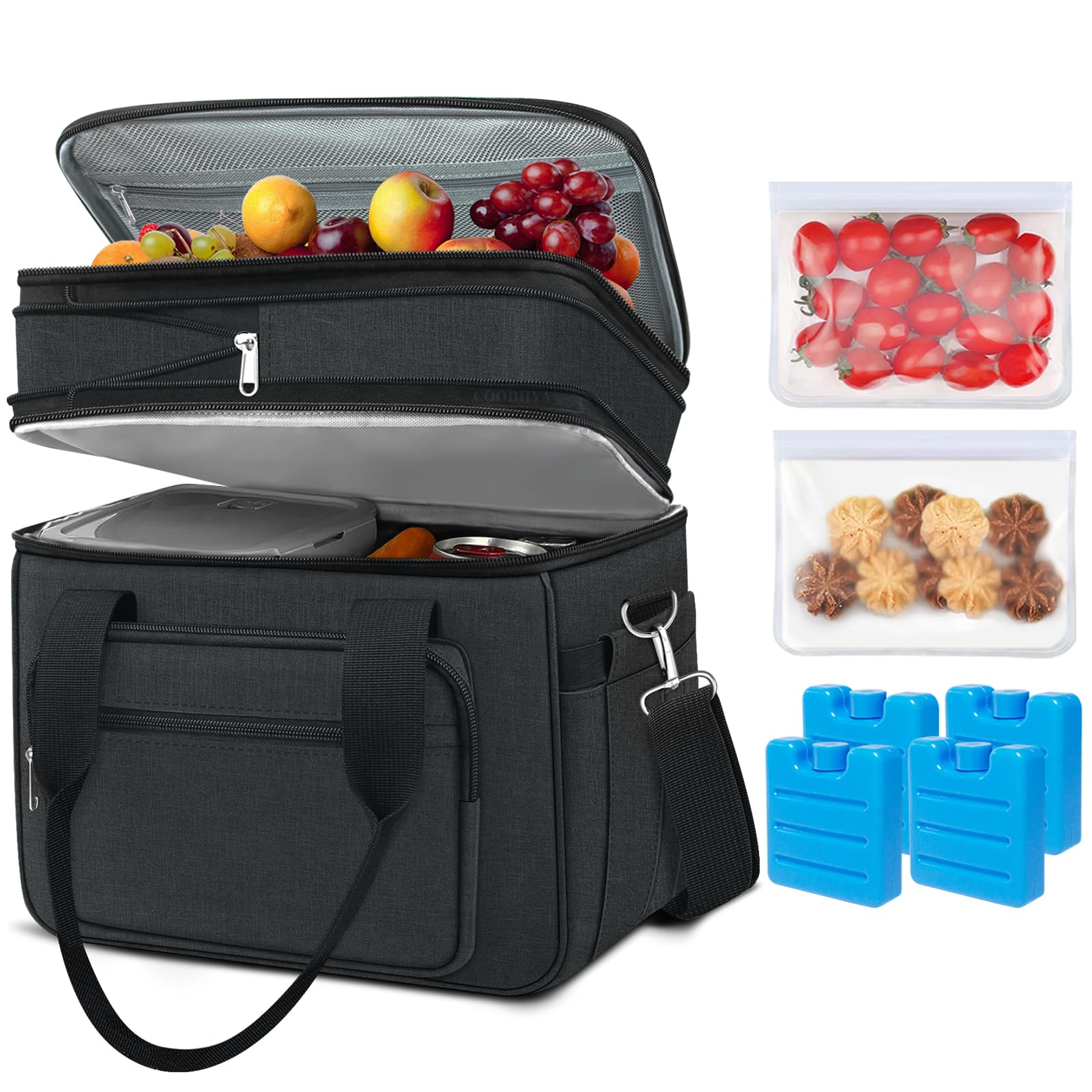 Photo 1 of Coobiiya Lunch Box for Men Expandable Lunch Bag, 23L Large Cooler Lunch Box, Insulated Lunch Bag for Work/Adult with 4 Ice Packs&2 Snack Bags Double Deck Leakproof Heavy Duty bags for Women- Black