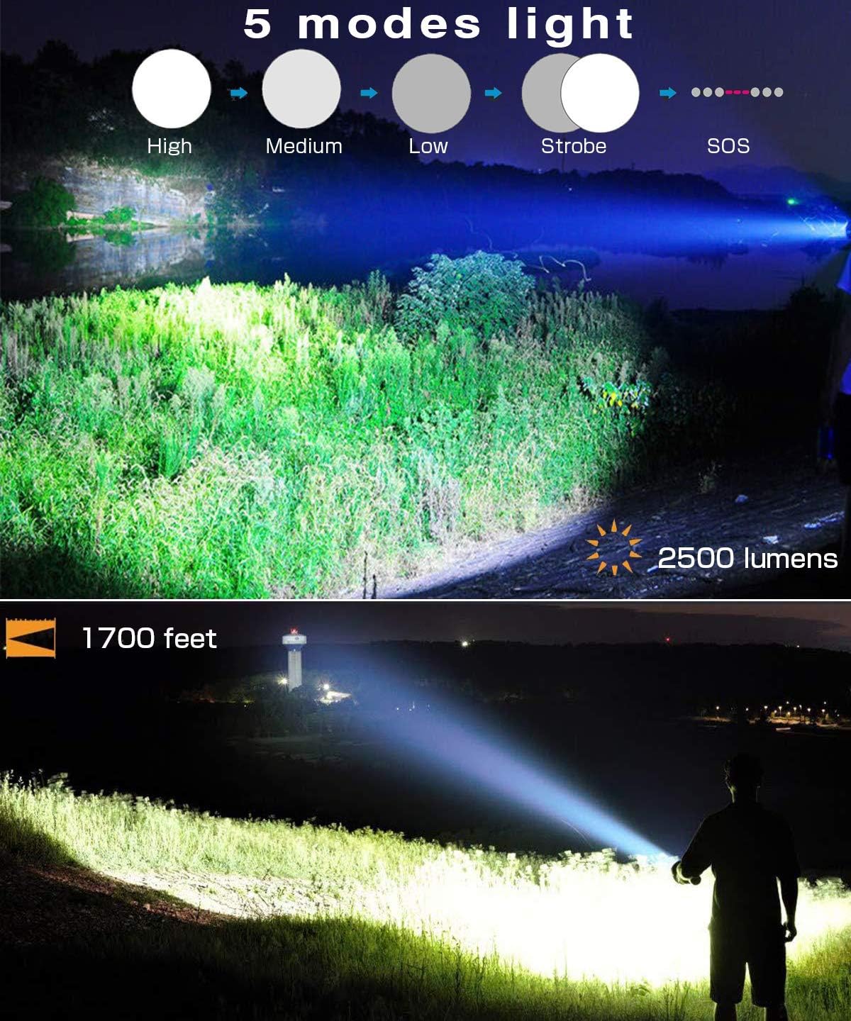 Rechargeable Usb Led Flashlights 2500 High Lumens, Zoomable 5Modes tactical Flash Light, Cree XHP50 Bright Handheld Lights, Powerful Torch, Waterproof, Power Display, 18650 Battery, Camping Outdoor Emergency - - 