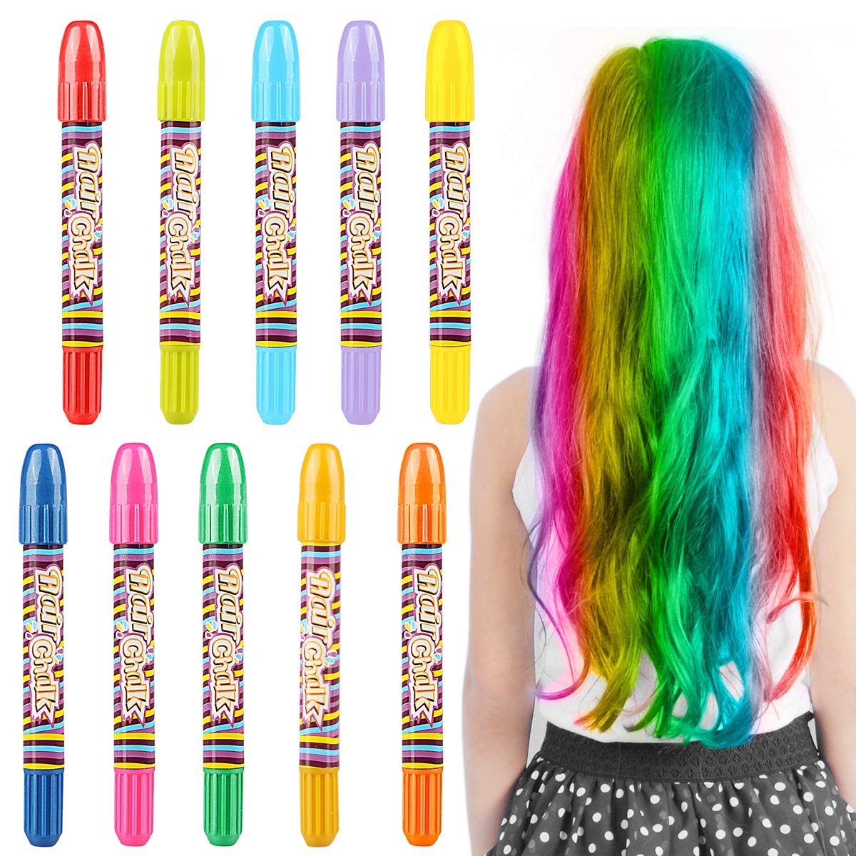 Tiza de Pelo, 10 colores temporal Cabello Tiza color Set Tinte no tóxico Color de tiza para niñas y niños pelo teñido, fiesta, Navidad y Cosplay DIY