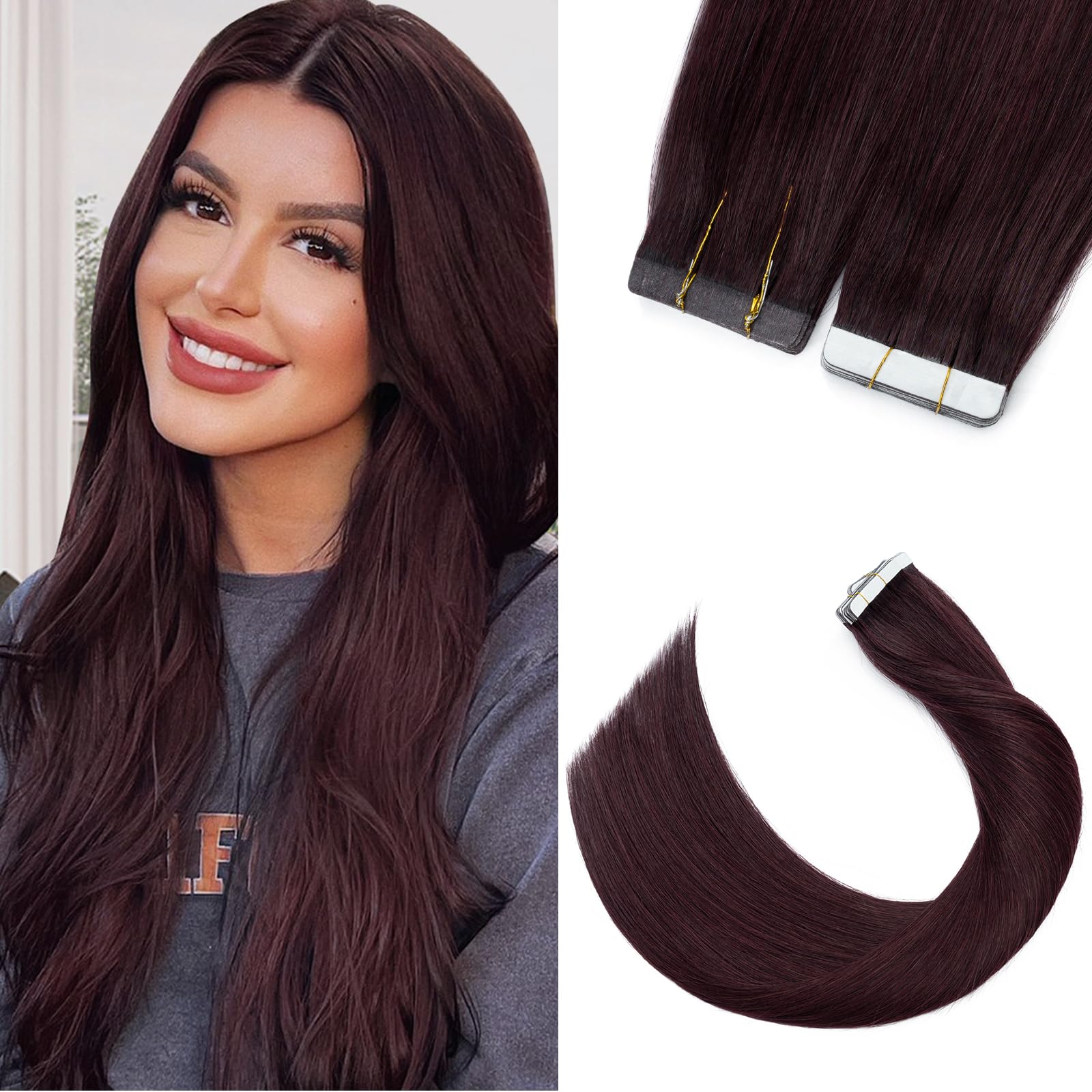 16" Tape in Hair Extensions Skin Weft Hair Remy Human Hair Pieces 20 Pcs 30g/Set #99J Wine Red — image 1