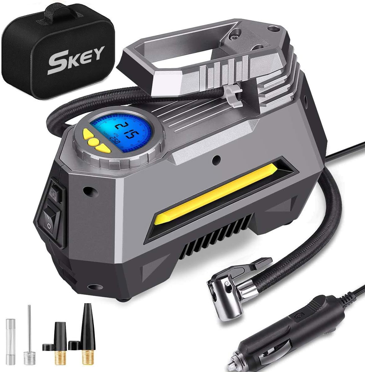 SKEY Digital Tyre Inflator, Portable Air Compressor Pump, DC 12V 150PSI, Car Pump Tire Inflator with Auto Shut Off, LED Flashlight, 3 Nozzle Adaptors and Extra Fuse