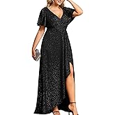Ever-Pretty Women's Glitter Plus Size Formal Dress V-Neck Short Sleeve Wedding Guest Dresses A line High Low Evening Gowns
