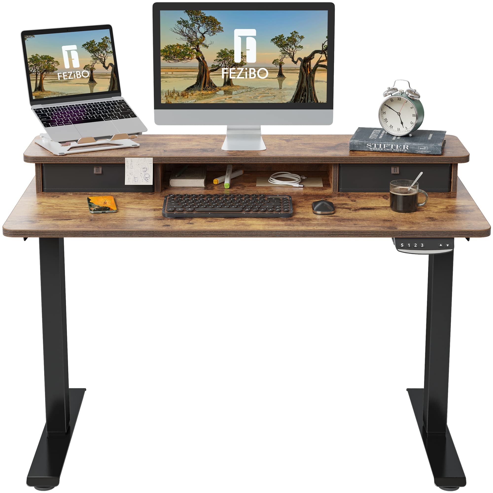 FEZIBO 40 x 24 Inch Height Adjustable Electric Standing Desk with Double Drawer, Stand Up Desk with Storage Shelf, Sit Stand Desk, Rustic Brown