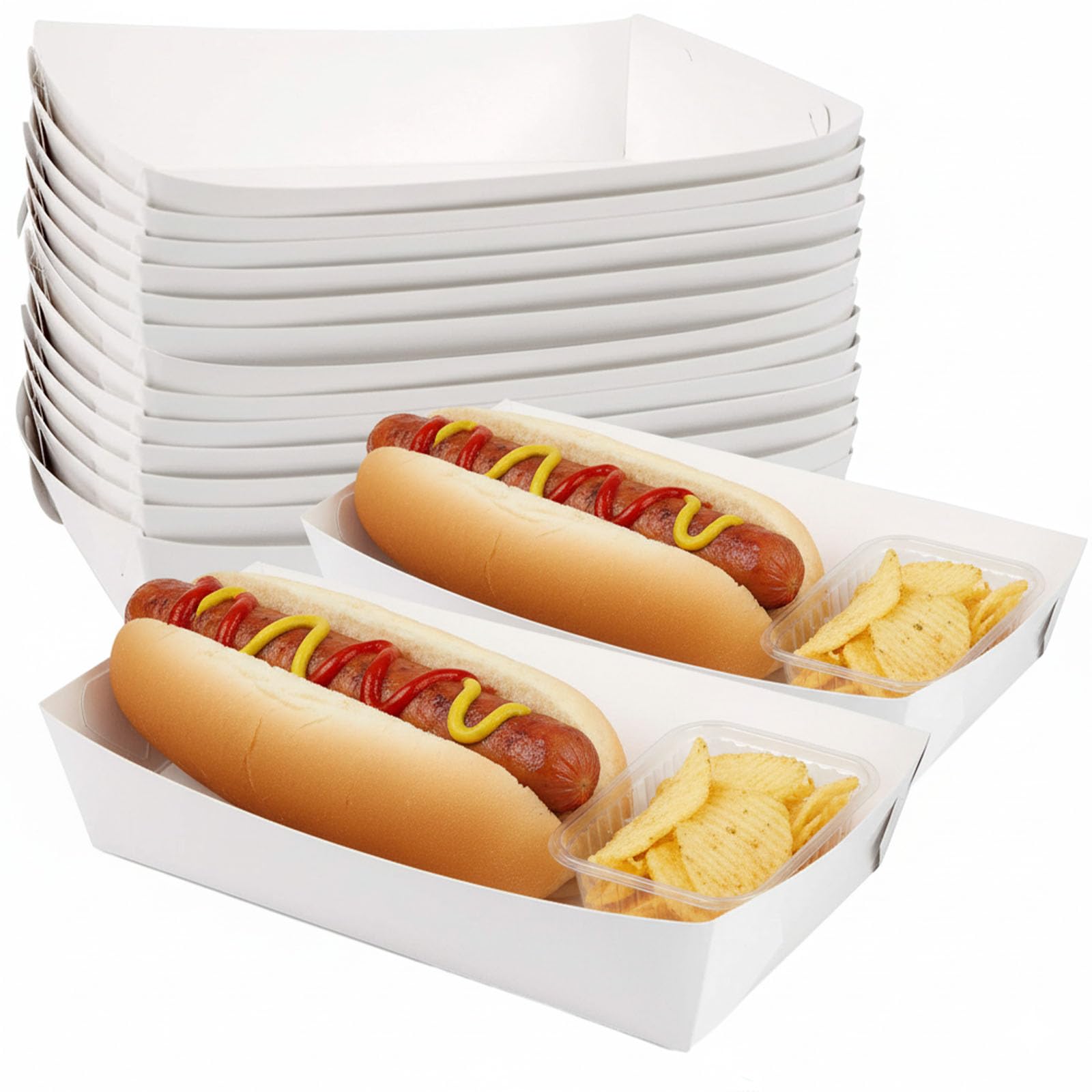 HAKACC 60PCS White Paper Food Trays for Snacks & Parties | 16x11x4cm Small Cardboard Boats | Quick 10-Sec Assembly for Fries, Nachos, Desserts, BBQ & Movie Night