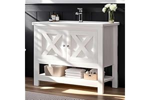 4ever2buy 36 Inch Bathroom Vanity with Sink, Farmhouse Bathroom Vanity Cabinet, 2 Doors and Open Shelf, Freestanding Vanity, Bathroom Cabinet with Ceramic Sink, White