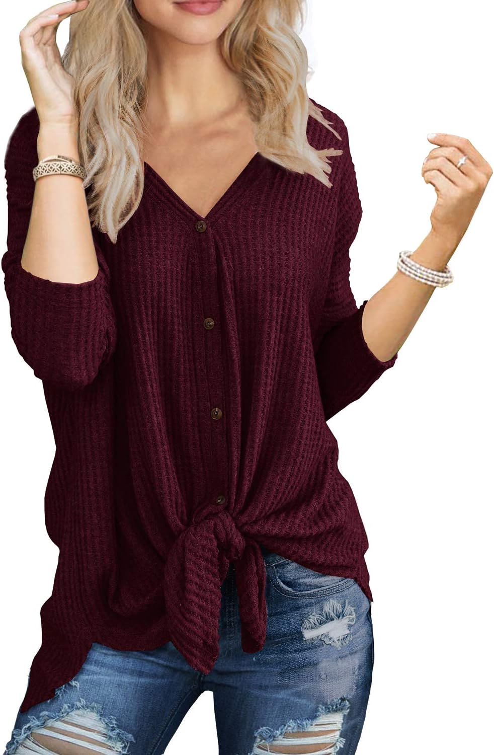 IWOLLENCE Womens Waffle Knit Tunic Blouse Tie Knot Henley Tops Loose Fitting Bat Wing Plain Shirts