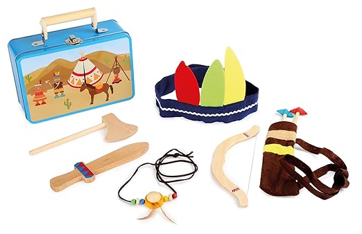 small foot 3922 Kinderkoffer Indianer-Set, mit Axt, Messer, Pfeil, Bogen, Kopfbedeckung und Indianerkette, ab 3 Jahre