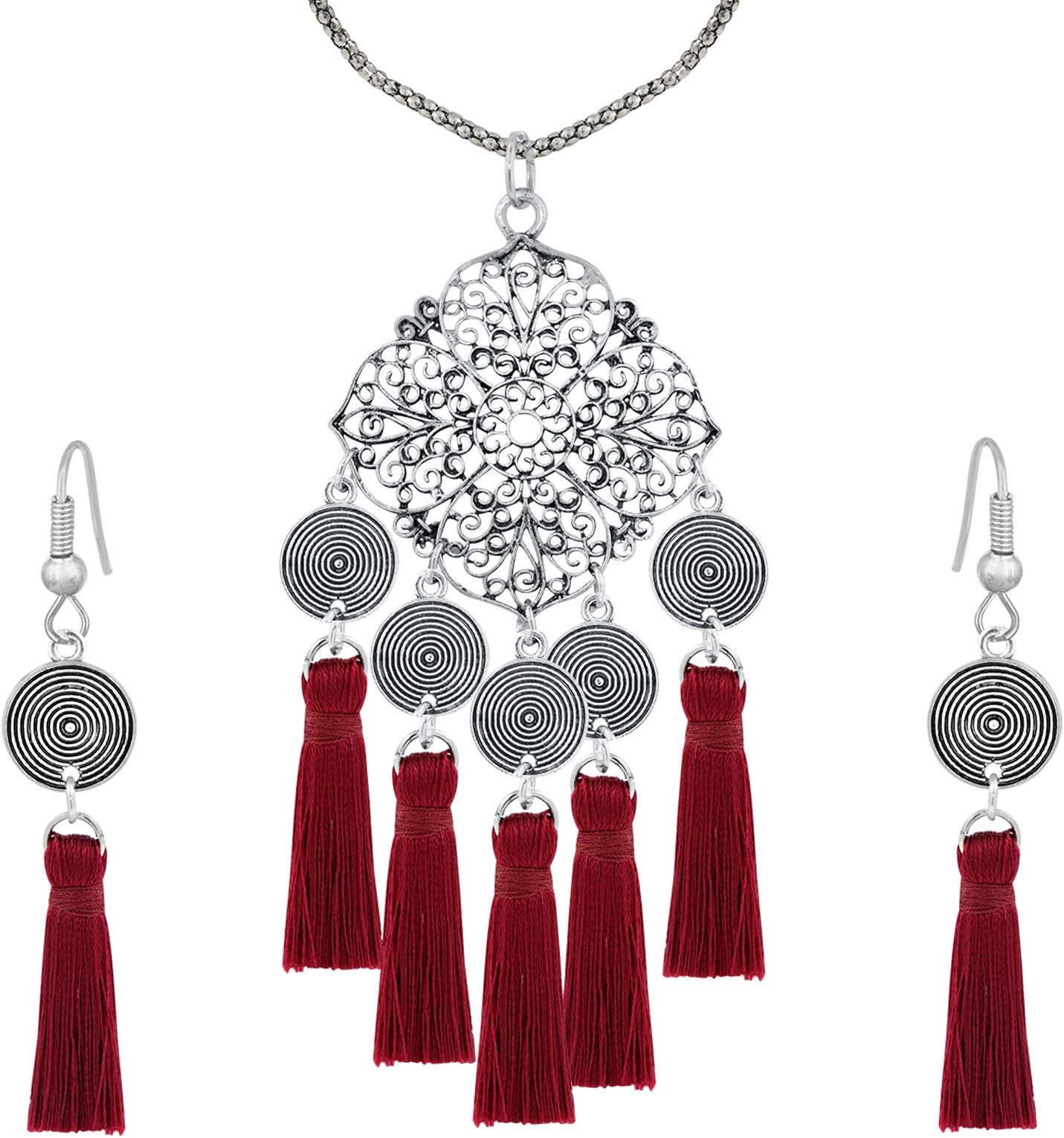 Silk Tassel Dangle Flower Filigree Oxidised Afghani Bohemian Tribal German Long Chain Pendant Earring Set Girls Women