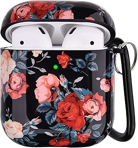 RGBWIND Airpod Case for Women and Girls,Compatible with Apple Air pod Case 2/1,Anti-Slip and Cute Rose Floral Design Cover,Hard Earbuds Accessory with Keychain