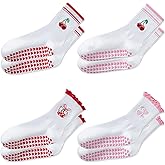 Arckiguana Pilates Socks with Grips for Women, 4 Pairs Cute Cotton Ruffle Yoga Sock with Love Heart Anti Slip Particles for Pilates Ballet and Yoga