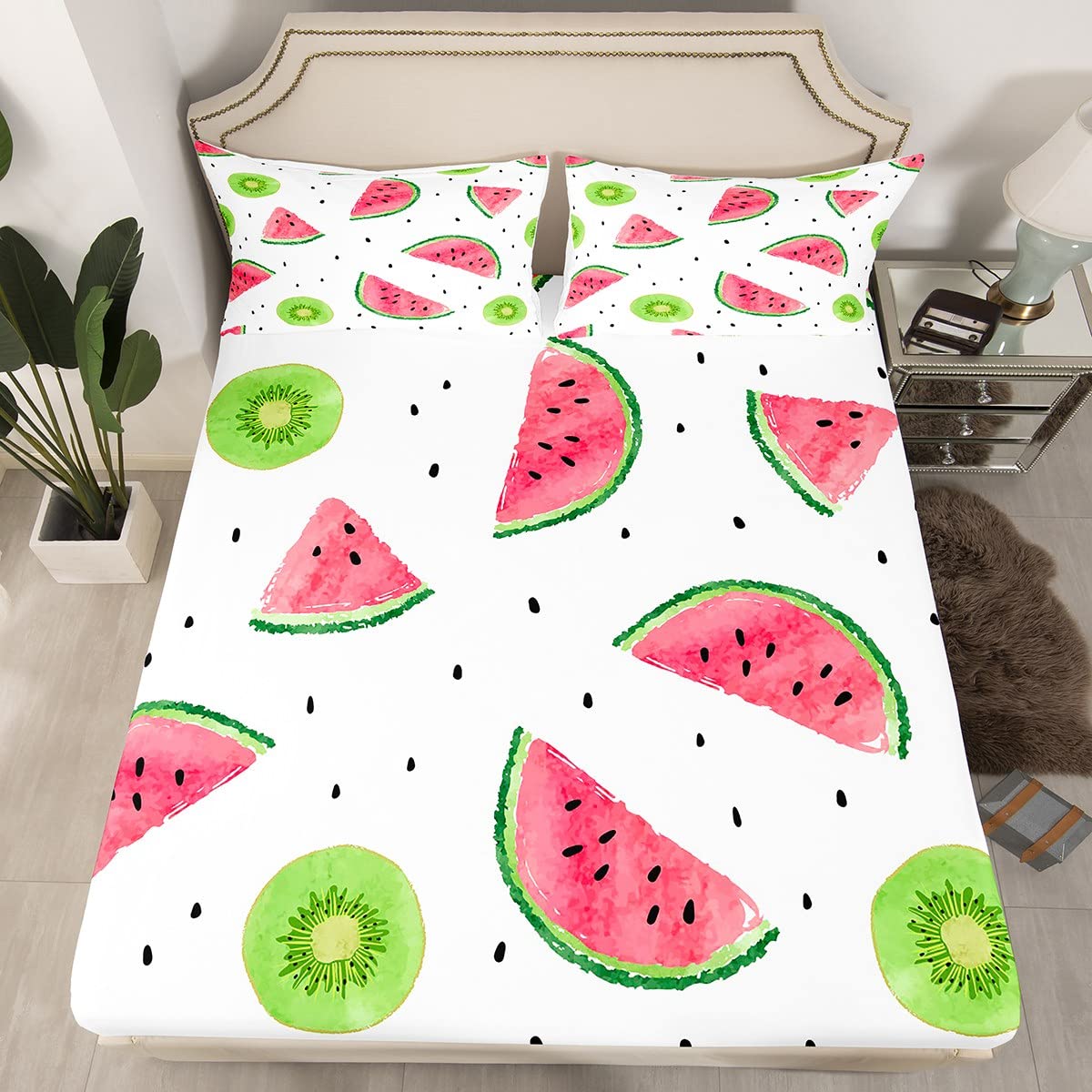 Cute Fruits Fitted Sheet Single Size, Kiwi Watermelon Bed Cover with 1 Pillowcase, Summer Fruits Theme Bedding Set 2pcs for Kids Boys Girls Room Decor, Soft Polyester Bedding — image 1