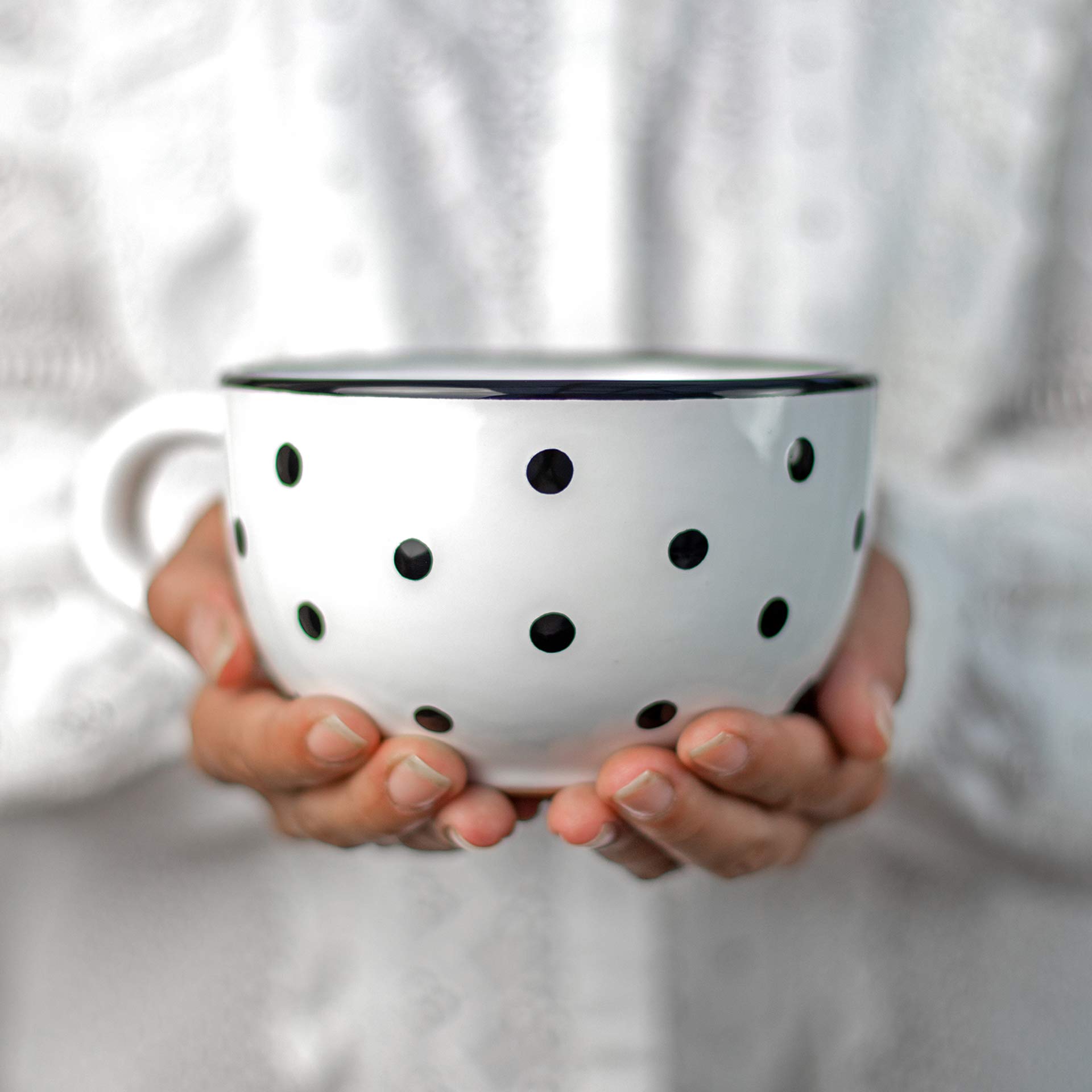 City to Cottage® White and Black | Polka Dot Spotty | Designer Handmade Hand Painted | Unique Ceramic Extra Large 17.5oz/500ml | Cappuccino Coffee Tea Soup Mugs Cups with Handle | Gift