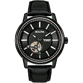 Bulova Men's Classic 3-Hand Automatic Leather Strap Watch, 21-Jewels, Hack Feature, Luminous Hands and Markers,Open Aperture and Exhibition Case Back
