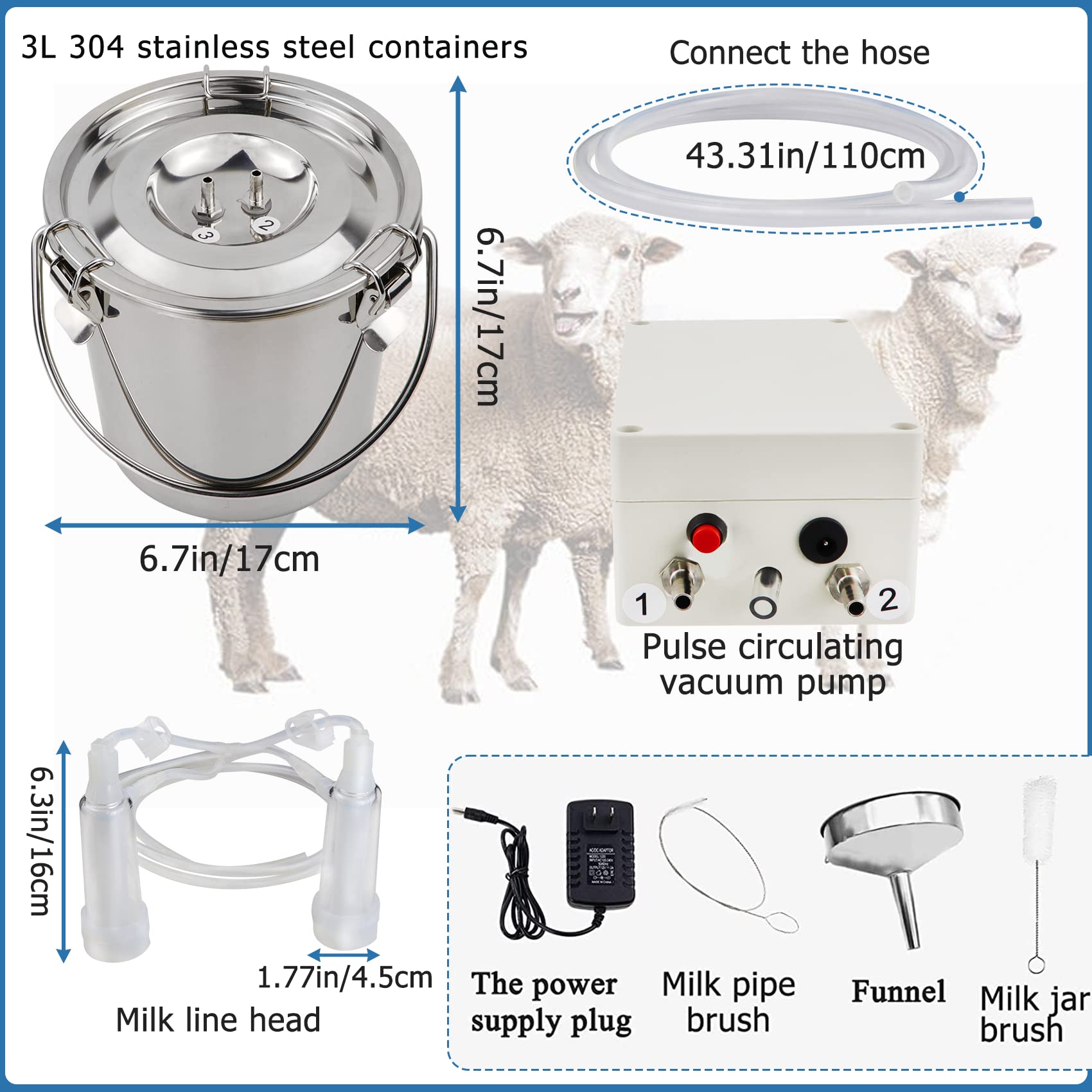 3L Portable Goat Milking Machine – Electric Vacuum Pump With 2 Teat Cups, 304 Stainless Steel Bucket, For Home & Small Farms