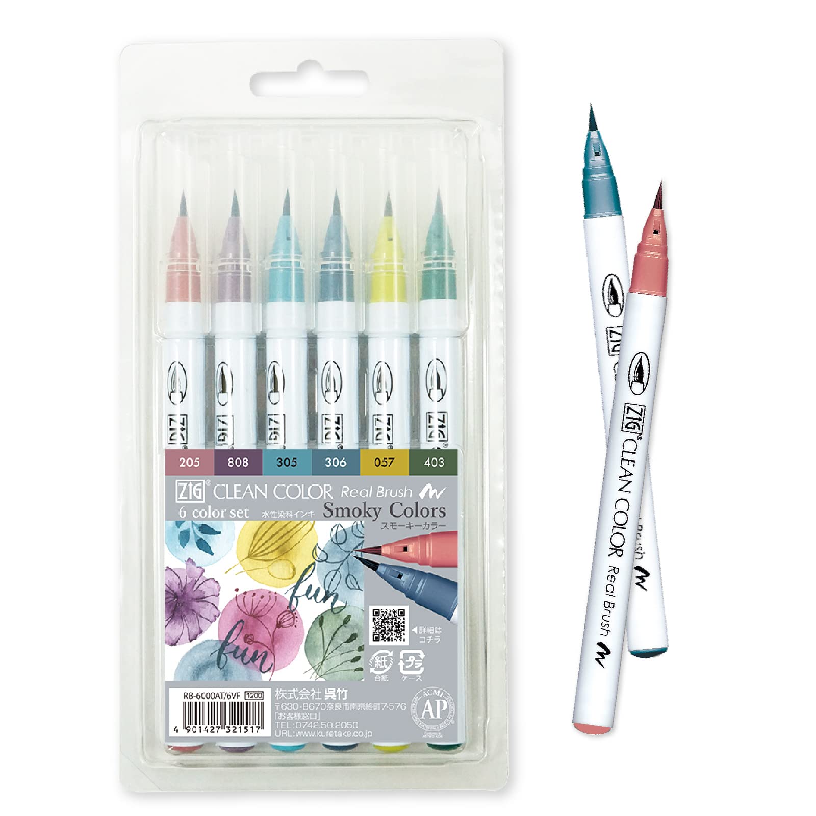 Kuretake ZIG CLEAN COLOR Real Brush 6 colors set, Flexible Brush Pen, Made in Japan (Smoky colors)