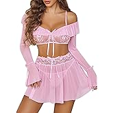 Avidlove Women's Sexy Lingerie Set Sheer Mesh Off Shoulder Bra Panty Ruffle Skirts 3 Piece Sets