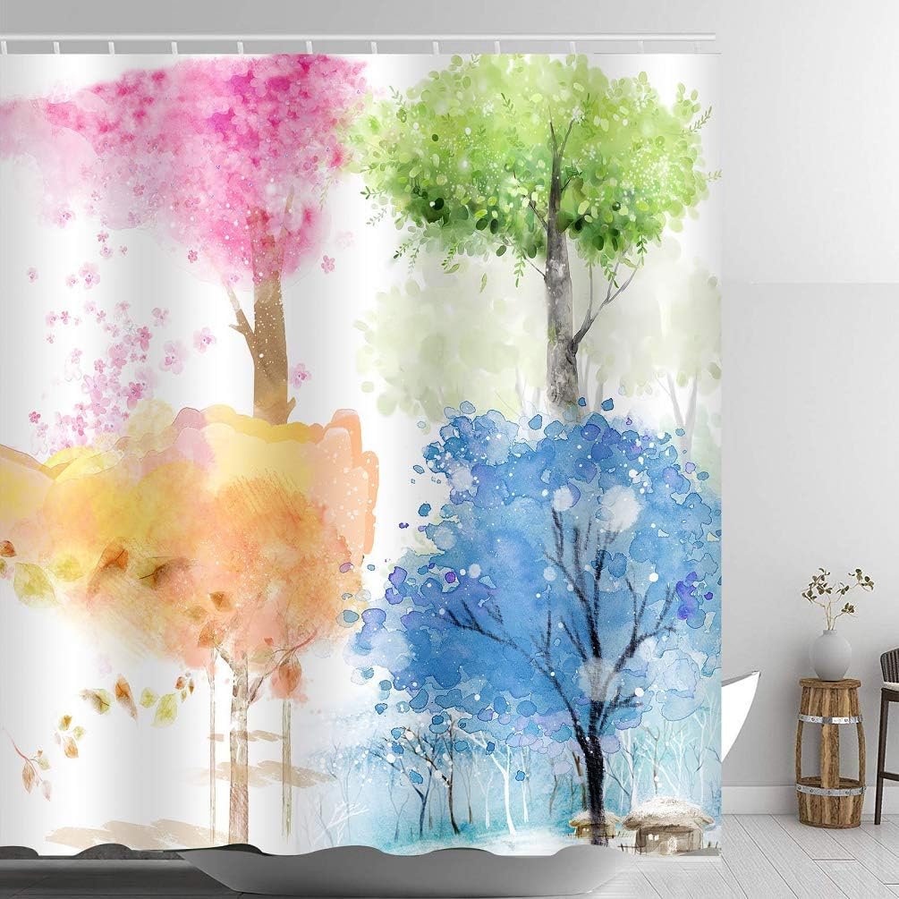 ABxinyoule Watercolor Tree Shower Curtain Colorful Four Seasons Art Print Waterproof Polyester Fabric Bathroom Decor Set Hook Included