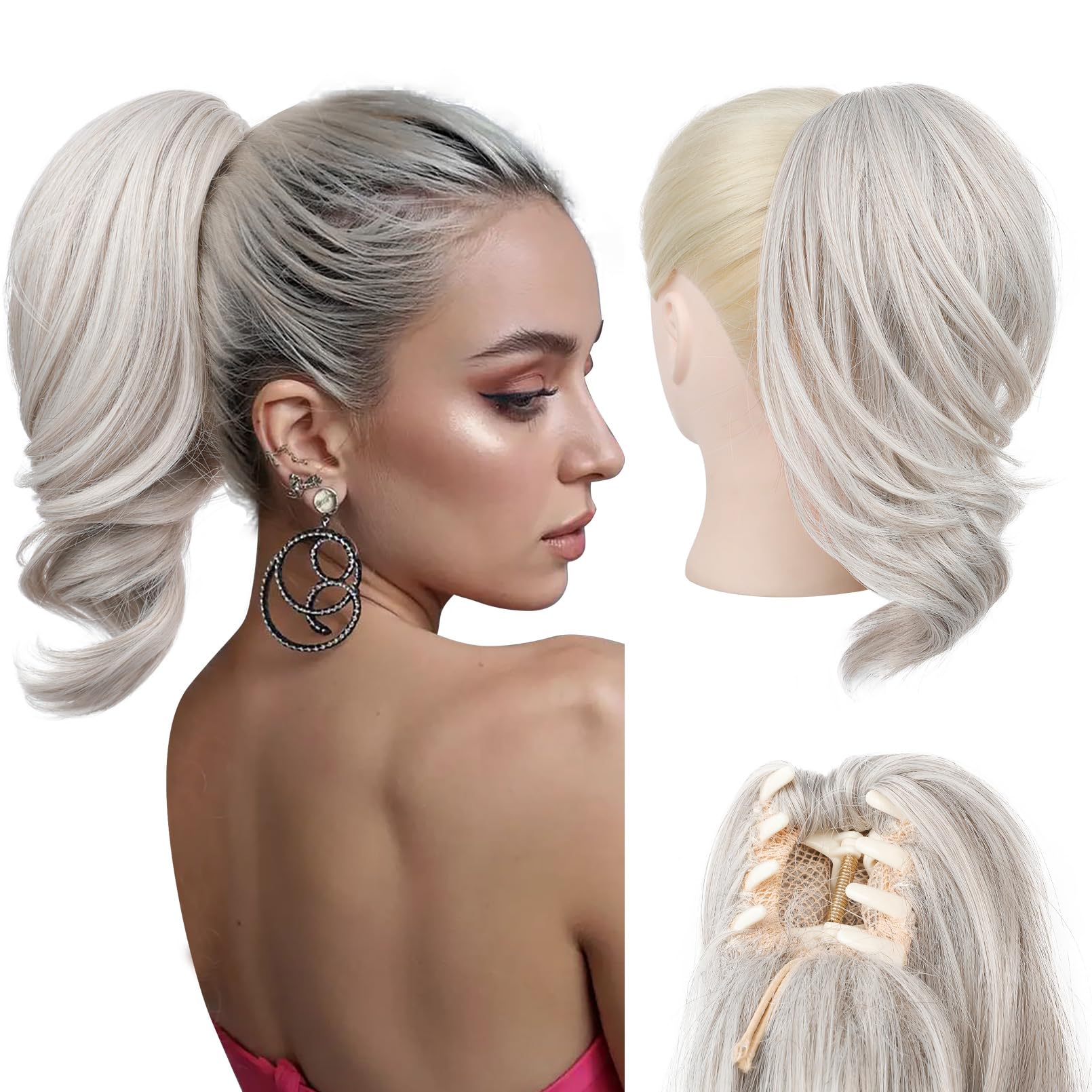 Photo 1 of NTYNTY Ponytail Extension - 12" Claw Clip in Ponytail Hair Extensions Natural Soft Synthetic Natural Wave Pony Tail Hair Pieces for Women - Silver Mist
