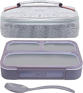Bento Lunchbox & Bag Set for Kids and Adults, Airtight and Leakproof 3-Compartment Reusable Food Storage Container with Matching Spoon, Plus Felt Insulated Tote Lunch Bag, Great for Travel, by BIZZ