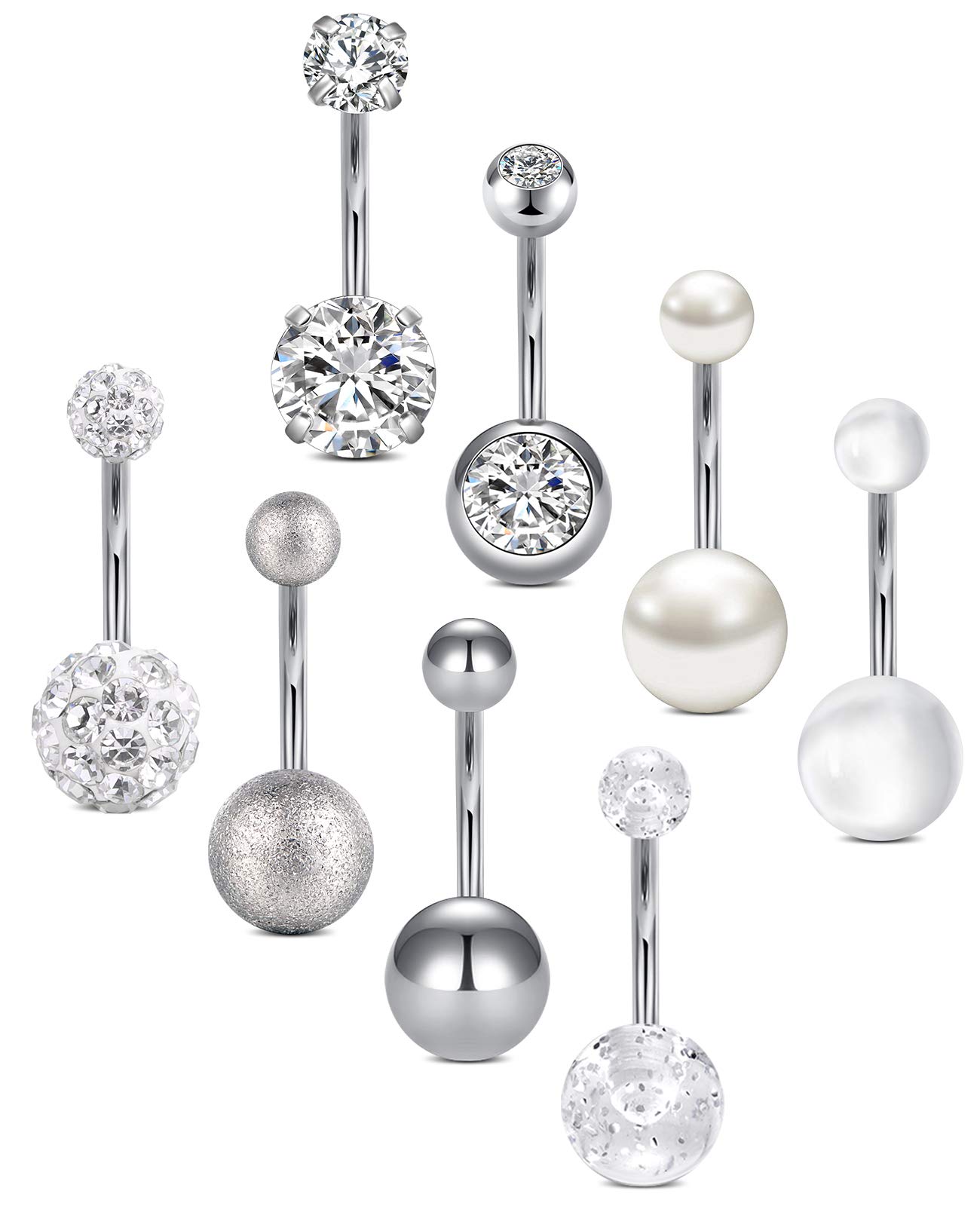 VCMART Belly Button Rings Navel Bars Pack 12mm Surgical Steel 14G Piercing Jewellery Crystal Pearl