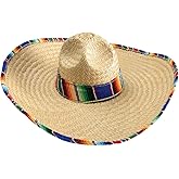 GiftExpress Mexican Sombrero Hat with Serape Trim, Adult Size, 21" Wide, Straw Hat for Cinco de Mayo, Serape Band, Costume Headwear