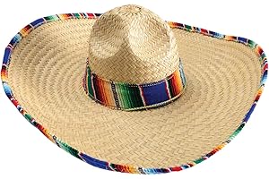 GiftExpress Mexican Sombrero Hat with Serape Trim, Adult Size, 21" Wide, Straw Hat for Cinco de Mayo, Serape Band, Costume Headwear