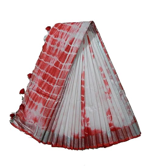 Womens Linen Slub Tie Dyed Red Piping Saree and Blouse (Steel Red)